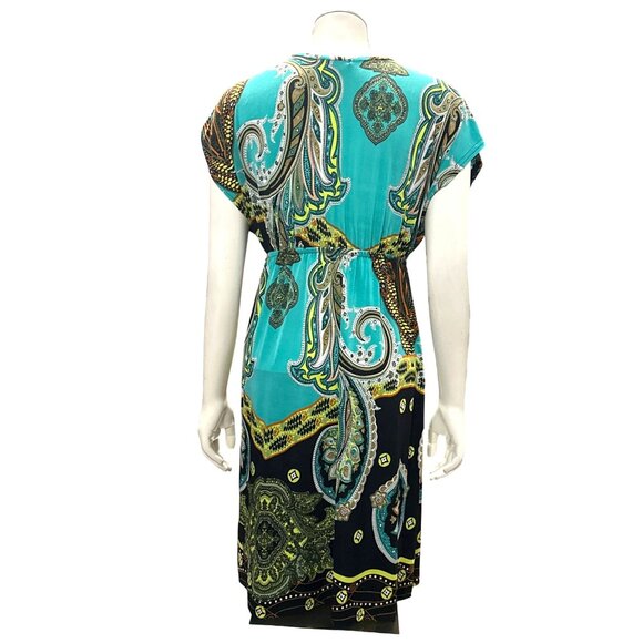 5th Love Large Turquoise Lime Green Black Printed Boho Dress Summer Vacation - Picture 5 of 13